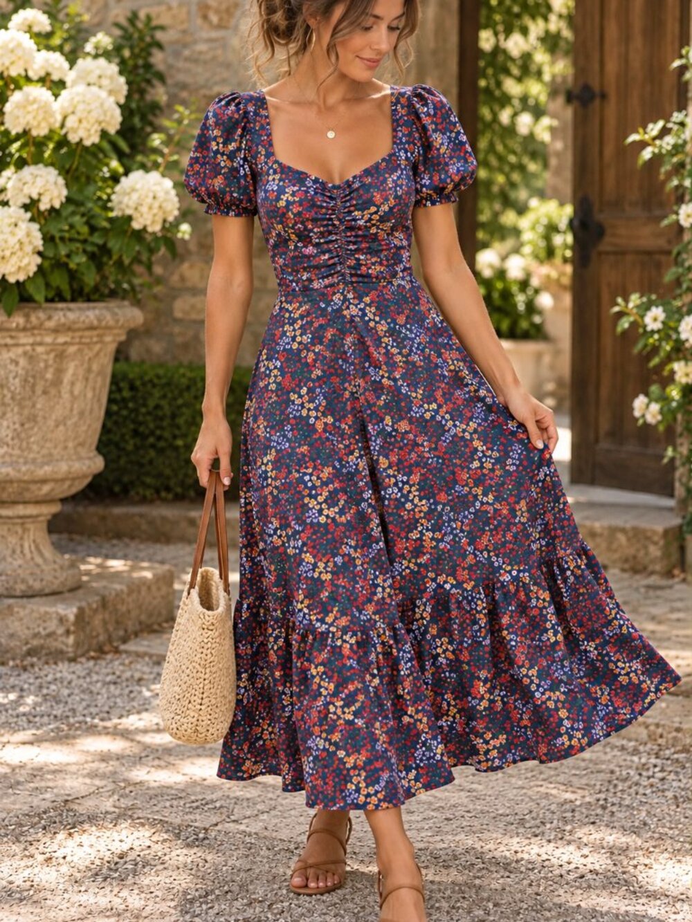 Draper James Ditsy Floral Puff Sleeve Ruched Midi Dress Navy S